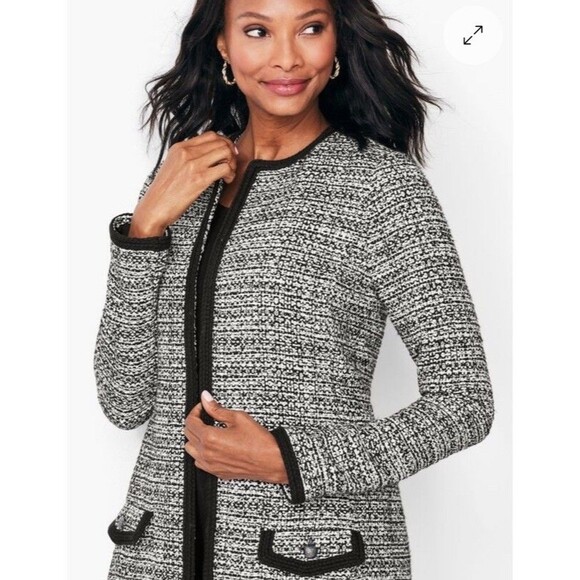 Talbots Textured Tweed Open Front Cardigan Jacket Black White Women’s Size Large - Picture 2 of 10